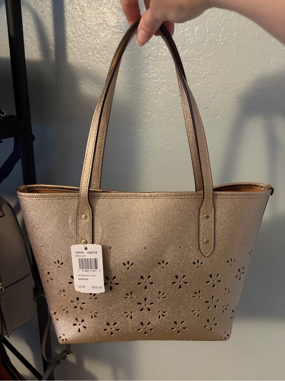 Coach Metallic Rose Gold Floral Laser-Cut Tote with charms